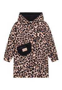 Leopardmuster-Haube in Hellpink mit dunkelbraunen Akzenten. Verfügt über eine schwarze Reißverschlusstasche auf der Vorderseite und lange Ärmel.