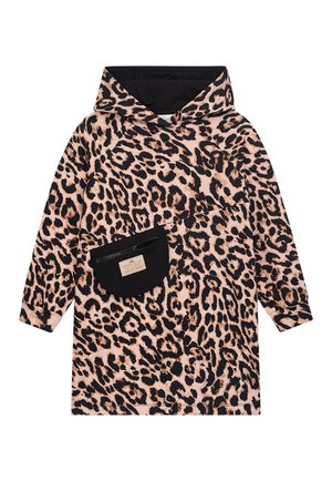 Leopardmuster-Haube in Hellpink mit dunkelbraunen Akzenten. Verfügt über eine schwarze Reißverschlusstasche auf der Vorderseite und lange Ärmel.
