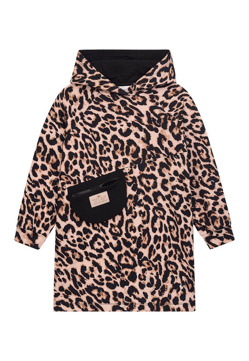 Leopardmuster-Haube in Hellpink mit dunkelbraunen Akzenten. Verfügt über eine schwarze Reißverschlusstasche auf der Vorderseite und lange Ärmel.