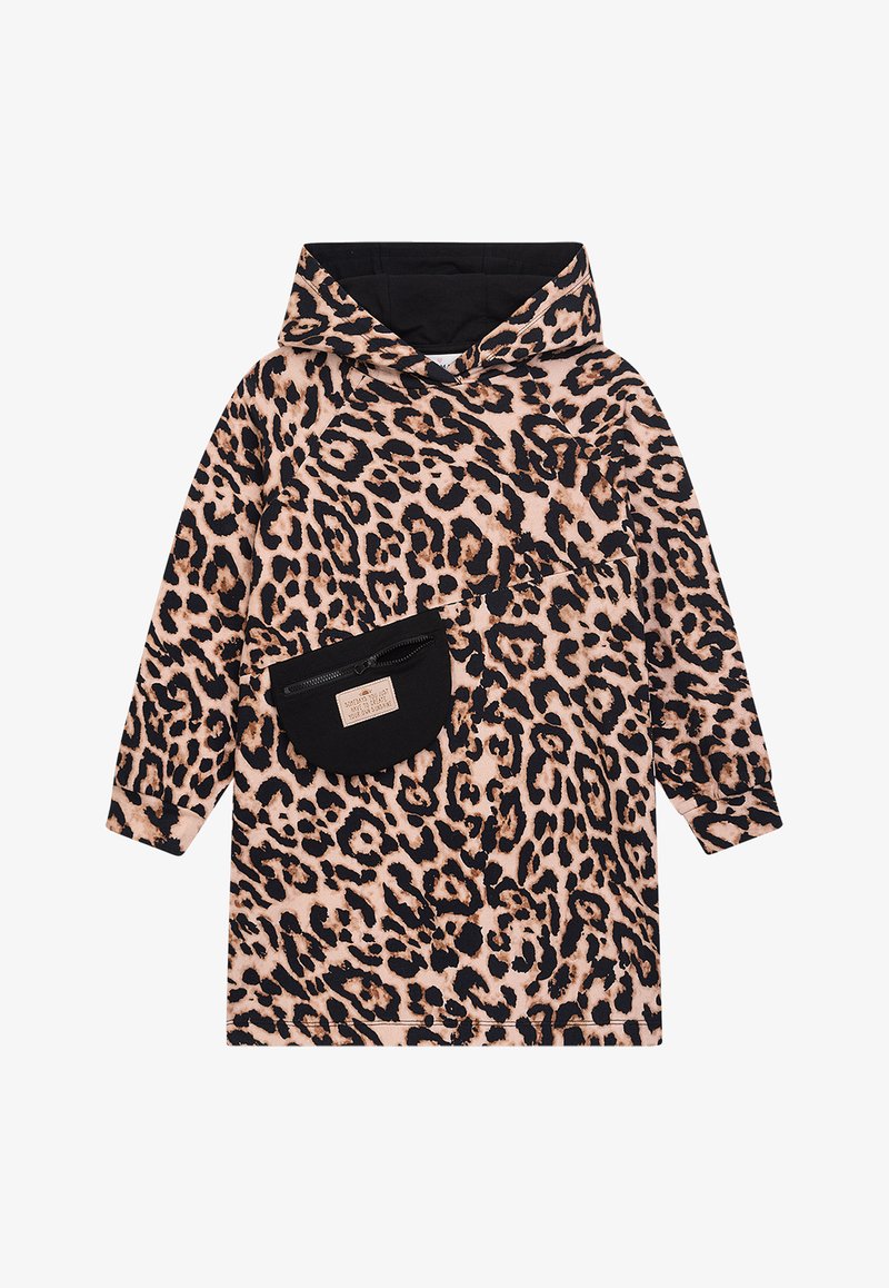 Leopardmuster-Haube in Hellpink mit dunkelbraunen Akzenten. Verfügt über eine schwarze Reißverschlusstasche auf der Vorderseite und lange Ärmel.