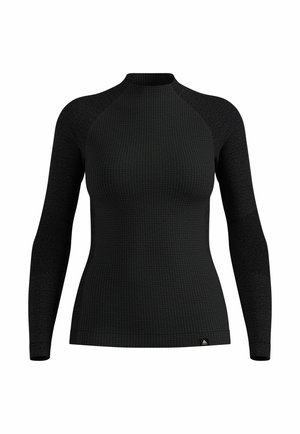 Long-sleeve black athletic top with a textured fabric, ribbed collar, and contrasting knit pattern on sleeves. Features logo at the hem.