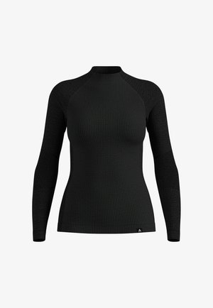 Long-sleeve black athletic top with a textured fabric, ribbed collar, and contrasting knit pattern on sleeves. Features logo at the hem.