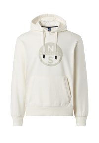 Felpa con cappuccio color crema in tessuto morbido, con tasca frontale, polsini a coste e logo circolare con la scritta "NORTH SAILS" al centro.