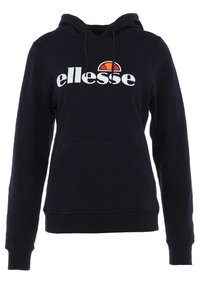 Sudadera con capucha de color azul marino, con bolsillo frontal, puños elásticos y cordones. Presenta un logotipo blanco de "ellesse" con un gráfico en rojo y naranja.