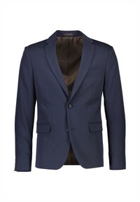 Blazer da uomo blu navy con due bottoni, rever a lancia, tasche con patta e fodera interna in raso marrone scuro, esposto su sfondo bianco.
