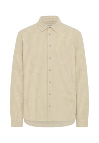 Beige ribbet skjorte med krave, knaplukning fortil og lange ærmer. Blød tekstur og rundet kant for en afslappet pasform.