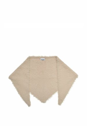 Châle triangulaire en fausse fourrure beige avec une étiquette indiquant "OBJECT" en haut au centre, présenté à plat sur un fond blanc.