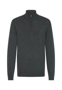 Suéter de cuello con cremallera en gris oscuro, hecho de una tela suave, con mangas largas, puños y dobladillo acanalados, que presenta una textura suave y un diseño minimalista.