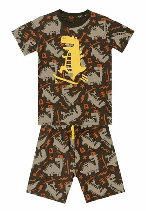 Kortærmet pyjamasæt i brun bomuld med grafisk tryk af en gul dinosaur, grå dinosaurmønstre og orange detaljer på shorts.