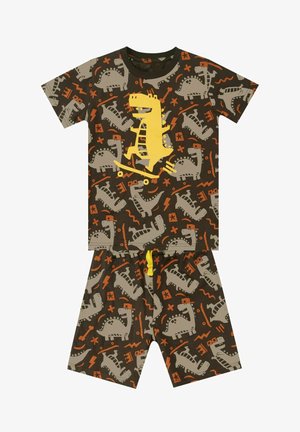 Korte mouwen slaapset in bruine katoen met een gele dino-afbeelding, grijze dino-patronen en oranje accenten op de shorts.