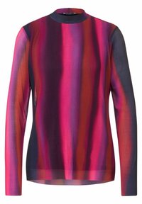 Langsleeve top met een hoge halslijn, gemaakt van ribbelstof in levendig roze, paars en donker marineblauw gestreept, met een aansluitende pasvorm.