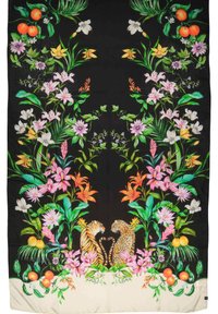 Fular din mătase cu un design floral vibrant pe un fundal negru, cu fructe portocalii și două leoparzi în centrul imaginii.