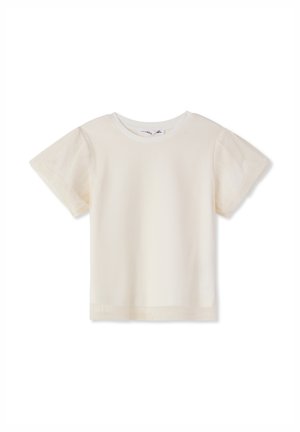 Kremowy T-shirt z krótkim rękawem wykonany z miękkiej bawełny. Okrągły dekolt z lekko bufiastymi rękawkami. Prosty design, bez wyróżniających się wzorów czy akcentów.