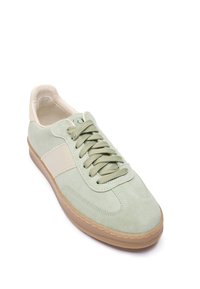 Jasnozielony zamszowy sneaker z beżowym akcentem na pięcie, pasującymi sznurowadłami, kremowym paskiem po boku i podeszwą z gumy, sfotografowany z górnego kąta.