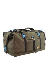 Olive green duffel bag with blue buckle accents, black straps, a side zipper pocket, and a durable fabric texture. Features a rectangular shape.