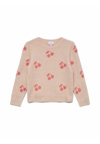 Jasny beżowy sweter z dzianiny z długim rękawem, z wzorem wiśni w odcieniach różu i czerwieni. Prążkowany dekolt i dolny brzeg.