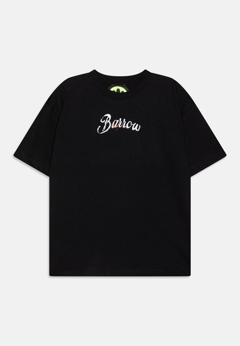 T-shirt noir à manches courtes avec col rond et "Barrow" écrit en lettres cursives blanches au centre devant.