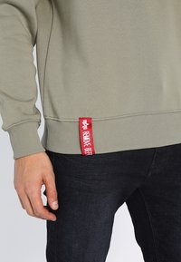 Sudadera verde oliva con puños y bajo acanalados, que presenta una etiqueta texturizada roja con texto blanco en el lado inferior. Llevada con jeans oscuros.