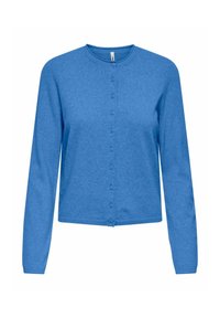 Blå langermet cardigan laget av mykt stoff, med rund hals, knappelukking foran og ribbestrikkede mansjetter.