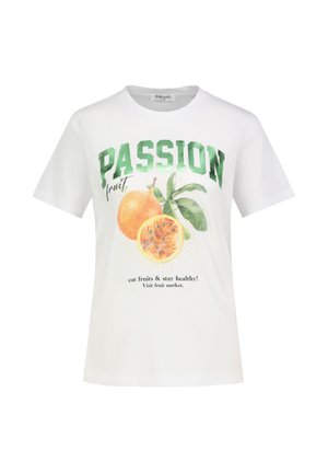 White t-shirt with green "PASSION" text, passion fruit illustration, and smaller text promoting eating fruits and visiting fruit markets.