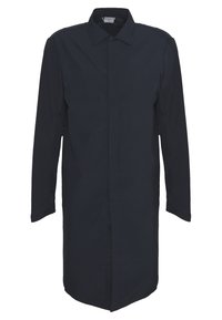 Long manteau noir avec boutons dissimulés sur le devant, manches longues et col pointu, présenté sur fond blanc.