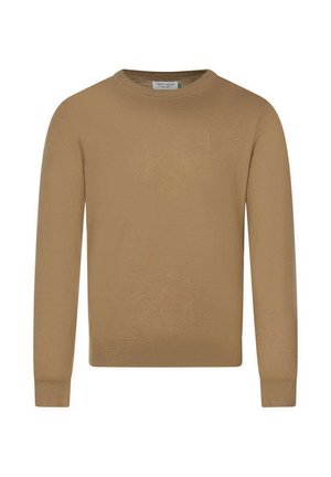 Pull à manches longues couleur chameau avec col rond, poignets et ourlet côtelés, design uni avec un logo subtil sur la poitrine.