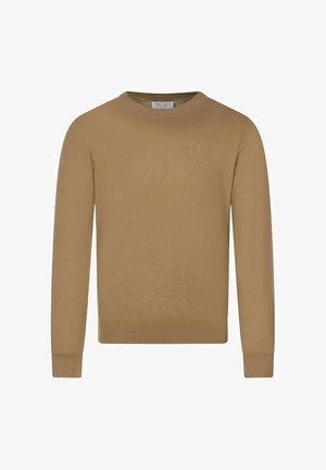 Pull à manches longues couleur chameau avec col rond, poignets et ourlet côtelés, design uni avec un logo subtil sur la poitrine.