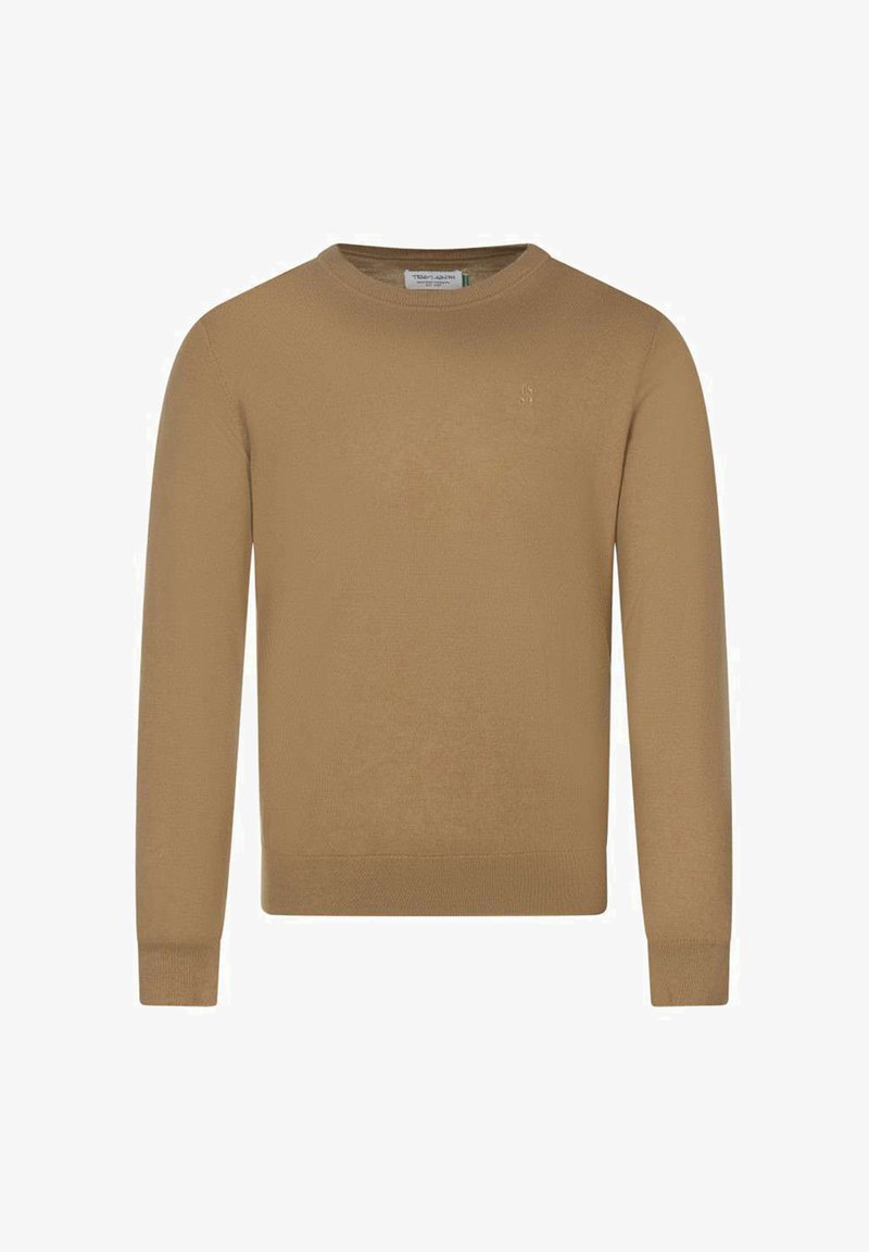 Pull à manches longues couleur chameau avec col rond, poignets et ourlet côtelés, design uni avec un logo subtil sur la poitrine.
