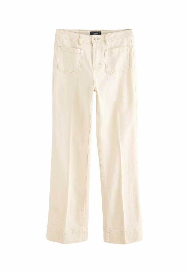 Roomkleurige wijde broek met een strak ontwerp, gemaakt van een katoenmix, voorzien van achterzakken en een omgeslagen zoom.