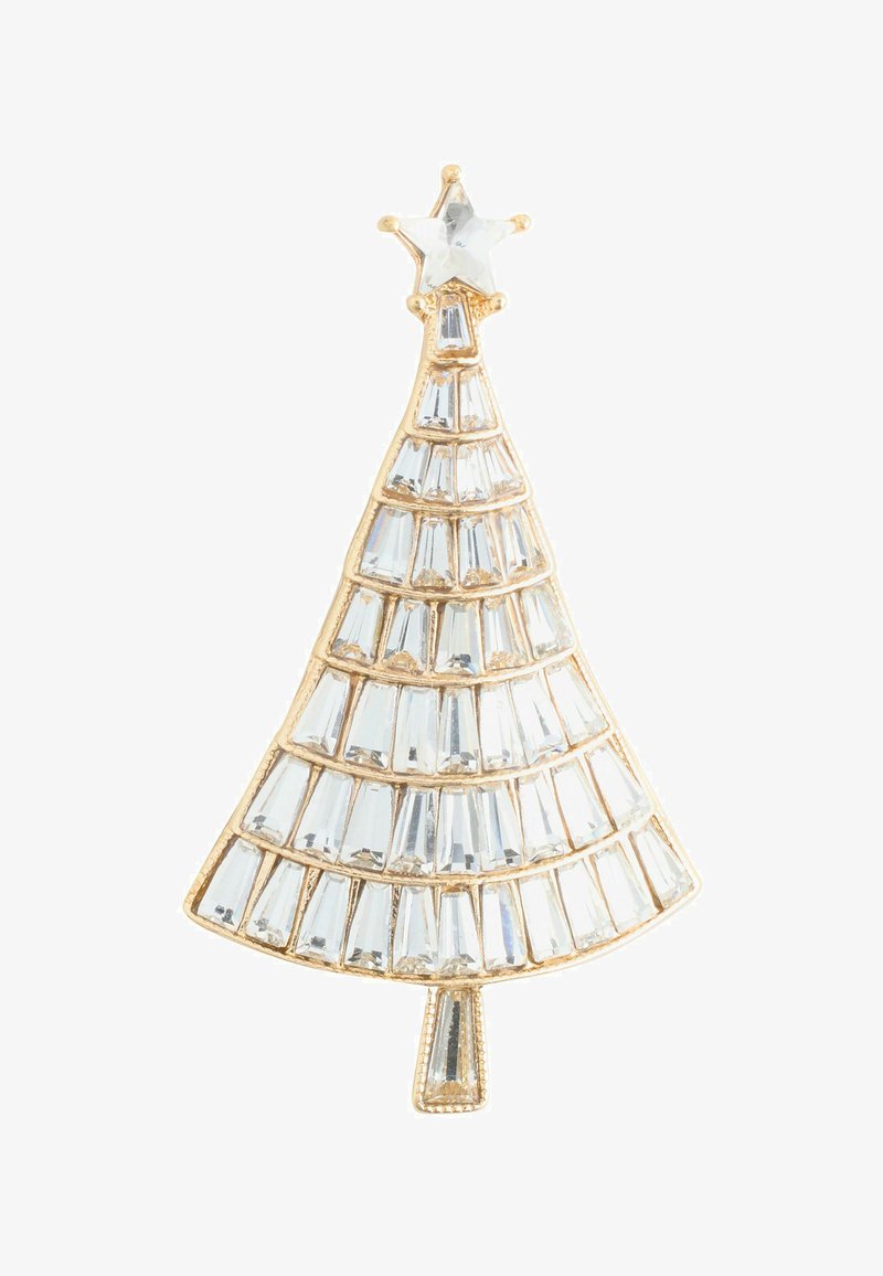 Goldener Weihnachtsbaum-Anstecker, dekoriert mit klaren rechteckigen Kristallen und gekrönt mit einem sternförmigen Kristall.