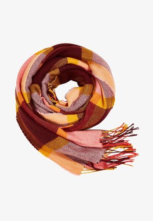 Écharpe en plaid roulée aux nuances de bordeaux, rose, jaune et orange avec des extrémités à franges sur fond blanc.