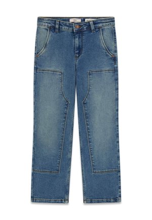 Blaue Jeans mit geradem Bein, verstärkten Knie-Patches, vorderen Taschen, Gürtelschlaufen und Knopfverschluss in der Taille.