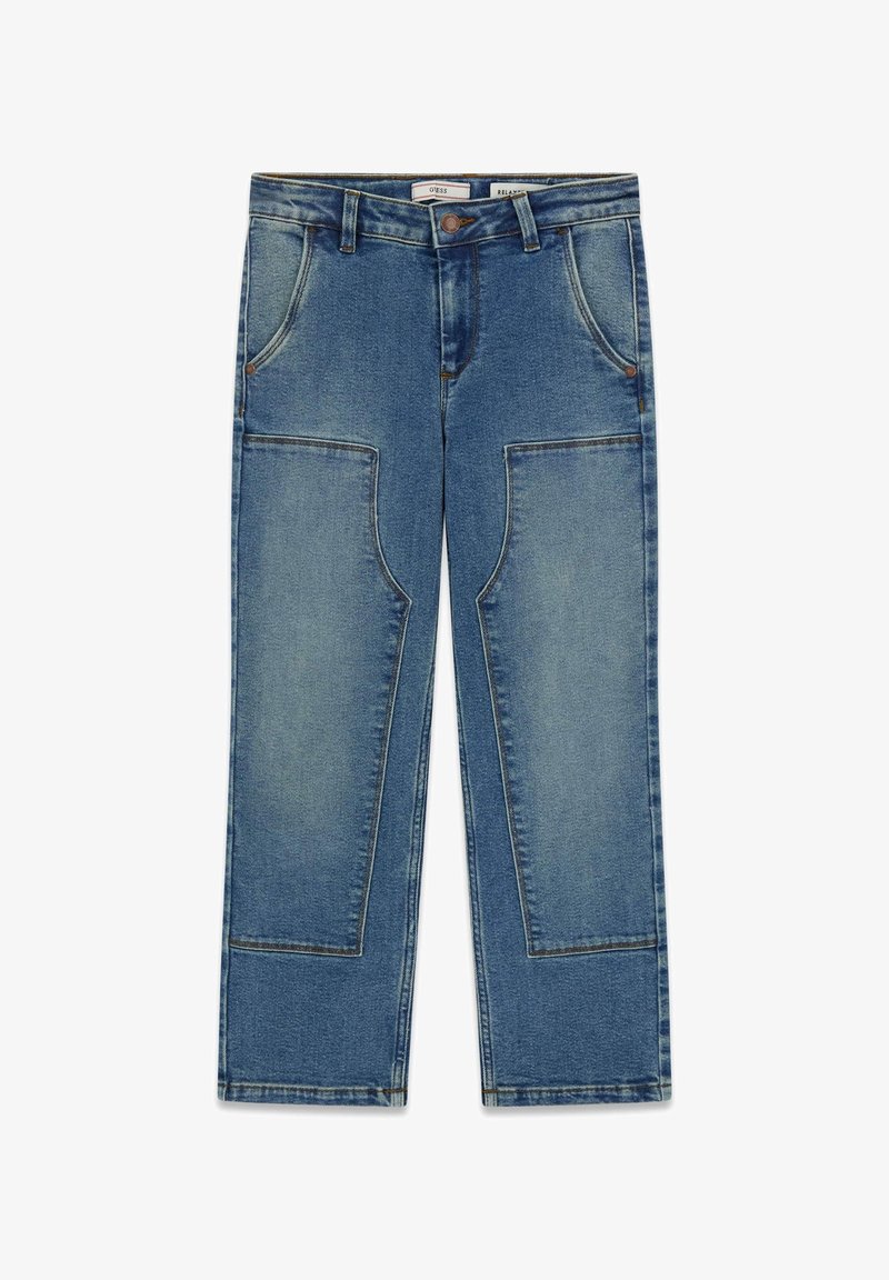 Jean bleu coupe droite avec des renforts aux genoux, poches avant, passants pour ceinture et fermeture par bouton à la taille.