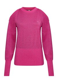 Langärmeliger, Rundhals-Pullover in Pink mit Glitzer, ausgestattet mit gerippten Bündchen und Saum. Er zeigt ein dezentes, gesticktes Logo auf der Brust.