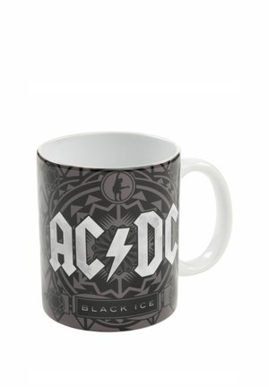 Black and white ceramic mug with AC/DC logo and "Black Ice" text on a geometric patterned background.