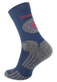 Calzino blu a fantasia con tacco grigio testurizzato, caratterizzato dal logo rosso "STARK" e da un design circolare colorato. Composto in materiale morbido ed elastico.