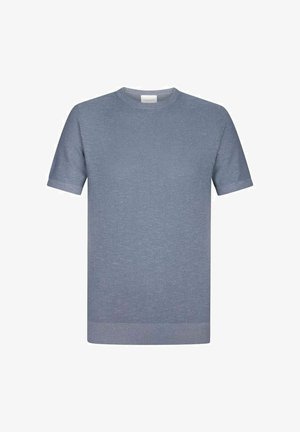 Kurzärmeliges T-Shirt mit Rundhalsausschnitt in Hellblau. Hergestellt aus einem feinen, strukturierten Strickstoff. Verfügt über gerippte Bündchen und Saum. Schlichtes Design ohne Muster.