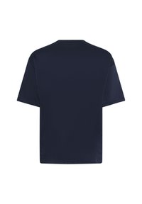 Marinblå kortärmad T-shirt i avslappnad passform, med rund halsringning och slät textur, utan synliga mönster eller detaljer.