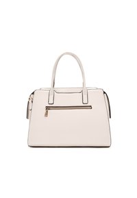 Borsa strutturata di colore beige chiaro con dettagli neri. Presenta due manici superiori, una tasca frontale con zip e una texture liscia simile alla pelle.