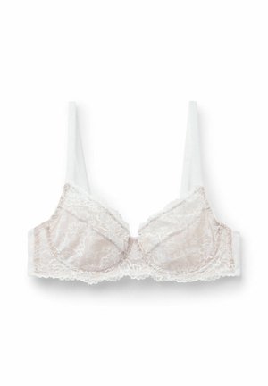 Biały koronkowy biustonosz na fiszbinach z regulowanymi ramiączkami i kwiatowymi wzorami, zaprojektowany dla wsparcia i delikatnego wyglądu.