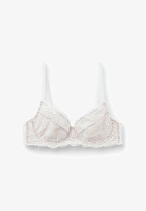 Biały koronkowy biustonosz na fiszbinach z regulowanymi ramiączkami i kwiatowymi wzorami, zaprojektowany dla wsparcia i delikatnego wyglądu.