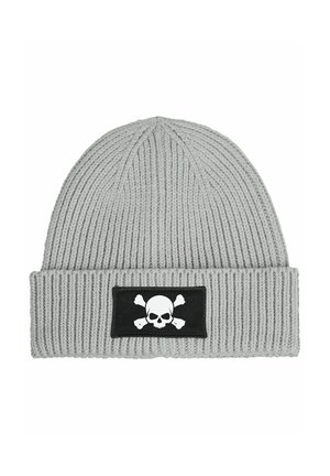 Gray knitted beanie with a ribbed texture and a black patch featuring a white skull and crossbones design on the front.