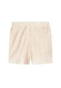 Pantalones cortos de algodón de color rosa claro con textura acanalada vertical, lunares blancos y melocotón, y una cintura elástica. Sin bolsillos.