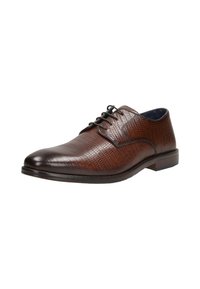 Braune, geschnürte Lederschuhe mit einem strukturierten Kroko-Muster, spitzem Zehenbereich und einem niedrigen, gestapelten Absatz. Das Innere hat eine kontrastierende blaue Innenauskleidung.