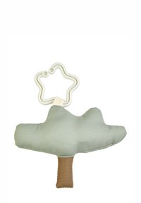 Soft toy shaped like a tree in muted green fabric with a brown trunk. A white star-shaped silicone teether is attached at the top.