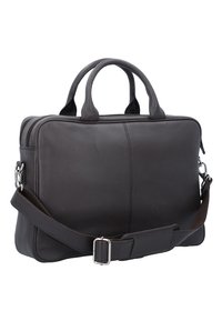 Dark brown leather briefcase with dual top handles and an adjustable shoulder strap. Features a sleek design and textured surface.