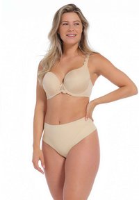 Beige padded bra with lace detailing and adjustable straps, paired with high-waisted bikini brief featuring perforated accents.