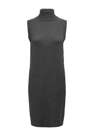 Ärmelloses, dunkelgraues Turtleneck-Kleid aus weichem Strickstoff, gerader Schnitt, knielang, minimalistisches Design ohne sichtbare Verschlüsse oder Verzierungen.