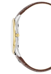 Orologio con cinturino in pelle marrone, cassa in acciaio inossidabile e ghiera in tono oro. Quadrante rotondo senza numeri visibili. Design minimalista.