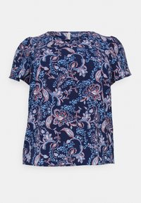 Blusa blu navy a maniche corte con motivo floreale paisley in azzurro chiaro e corallo, in tessuto liscio e con scollatura tondeggiante.